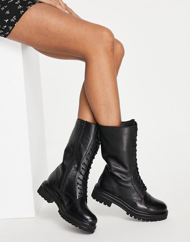 Rule London Leather Lace Up Calf Boots In Black