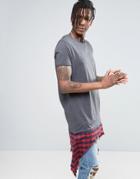 Asos Extreme Longline T-shirt With Shredded Check Hem Extender In Gray - Black