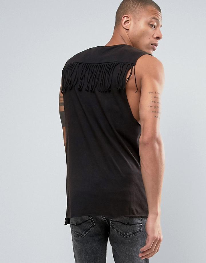 Asos Acid Wash Longline Tank With Fringing And Dropped Armhole - Black