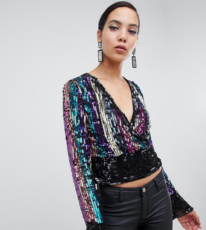 Asos Design Tall Sequin Stripe Wrap Top With Open Back - Multi
