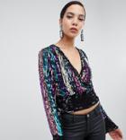 Asos Design Tall Sequin Stripe Wrap Top With Open Back - Multi