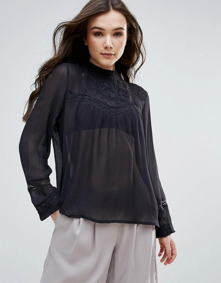 Vero Moda High Neck Lace Insert Blouse - Black