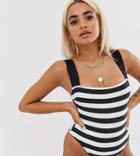 Asos Design Petite Recycled Square Neck Swimsuit In Mono Stripe Print-multi