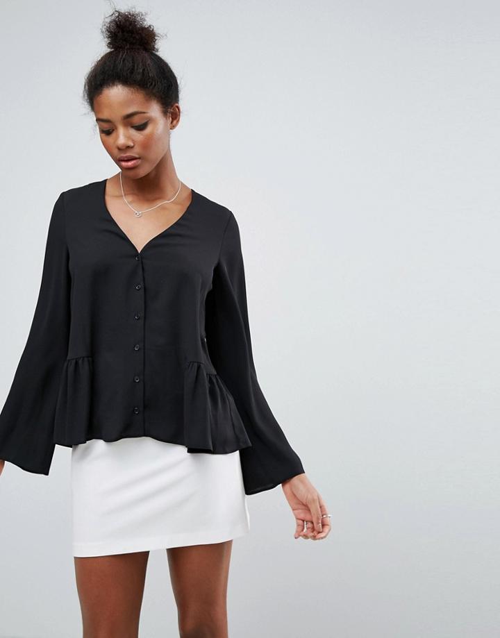 Asos V Neck Blouse With Ruffle Hem - Black