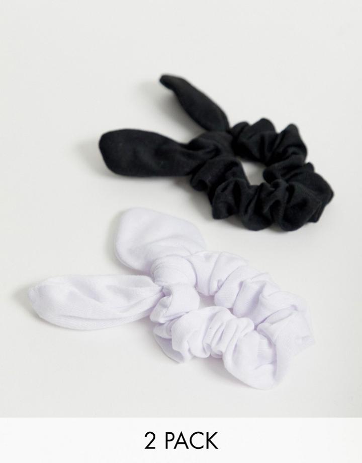 Asos Design Pack Of 2 Scrunchie Hair Ties With Bow Detail In Black And White-multi