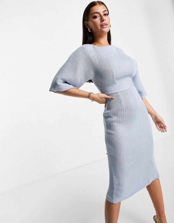 Closet London Ribbed Pencil Midi Dress With Tie Belt In Powder Blue-blues