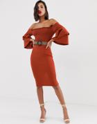 Asos Design Off Shoulder Shirred Bardot Belted Midi Dress - Red
