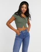 Pull & Bear Button Front Crop Top In Khaki-green