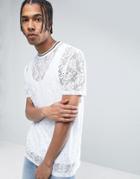 Asos Longline T-shirt In White Lace - White