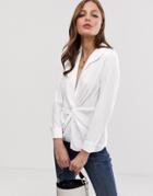 Asos Design Long Sleeve Plunge Shirt With Knot Front-white