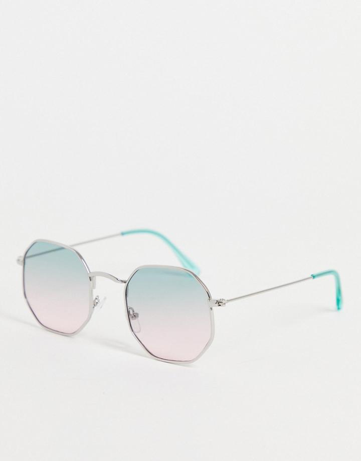Asos Design Hexagon Sunglasses With Green To Pink Gradient Lens In Silver