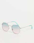 Asos Design Hexagon Sunglasses With Green To Pink Gradient Lens In Silver