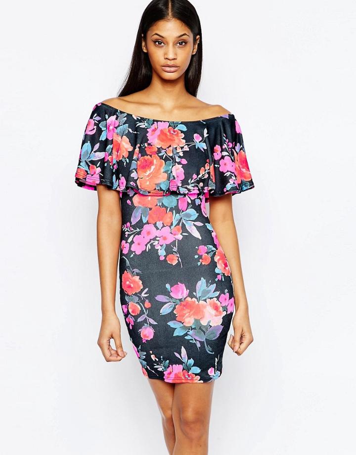 Club L Essentials Bardot Frill Mini Dress In Bright Floral