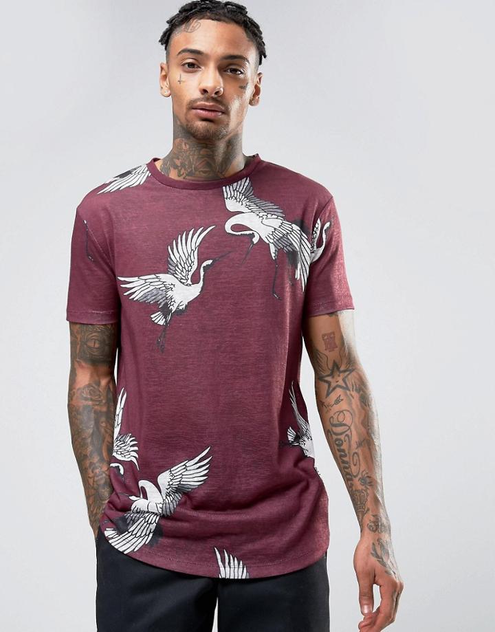 Asos Longline T-shirt In Linen With Bird All Over Print - Red