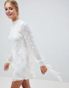 Asos Design Blouson Mini Dress With Iridescent Embellishment-cream
