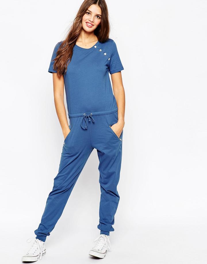 Asos Drawstring Jumpsuit With Metal Poppers And Zips - Blue