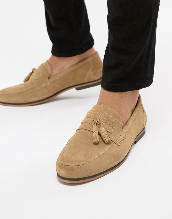 Asos Design Tassel Loafer In Stone Suede With Fringe Detail - Stone