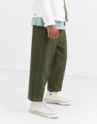 Noak Wide Leg Pants In Khaki Texture With Contrast Stitch-green