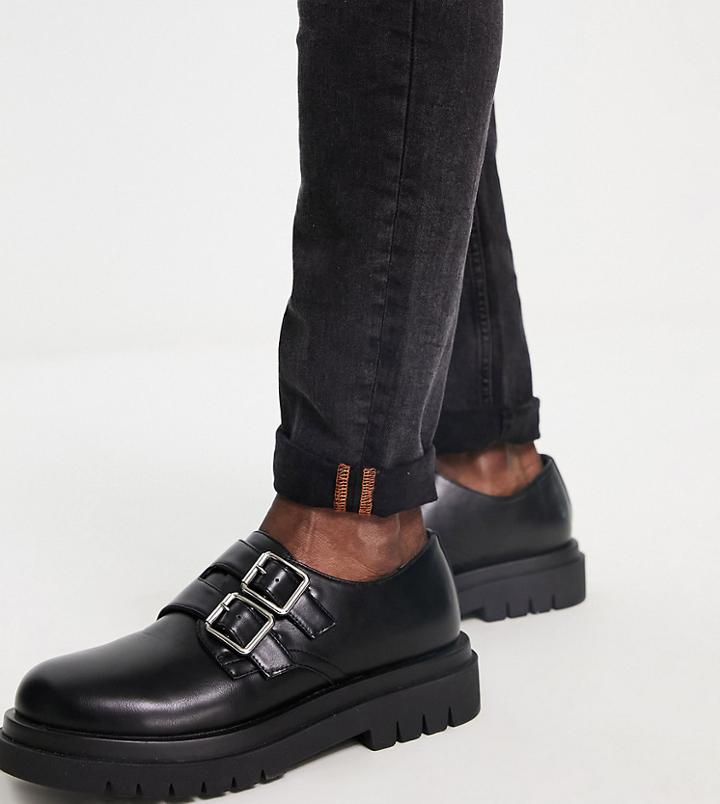 Truffle Collection Wide Fit Faux Leather Chunky Monk Shoes In Black