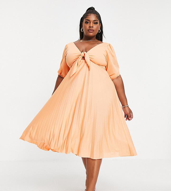 Asos Design Curve Pleated Front Tie Puff Sleeve Midi Skater Dress In Coral-pink