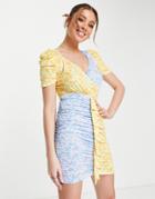 Asos Design Ruffle Short Sleeve Mini Dress In Mix Match Floral Print-multi