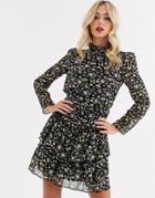 Asos Design High Neck Shirred Waist Mini Dress In Ditsy Floral Print-multi