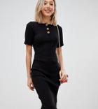 Asos Design Petite Midi Rib Bodycon Dress With Faux Horn Buttons - Black