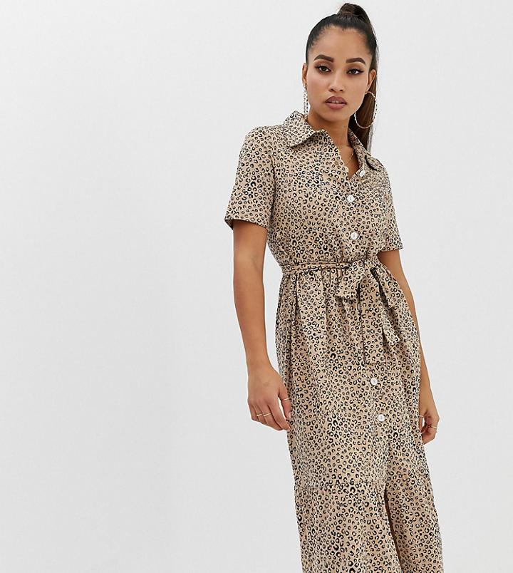 Asos Design Petite Midi Shirt Dress With Belt In Leopard - Multi