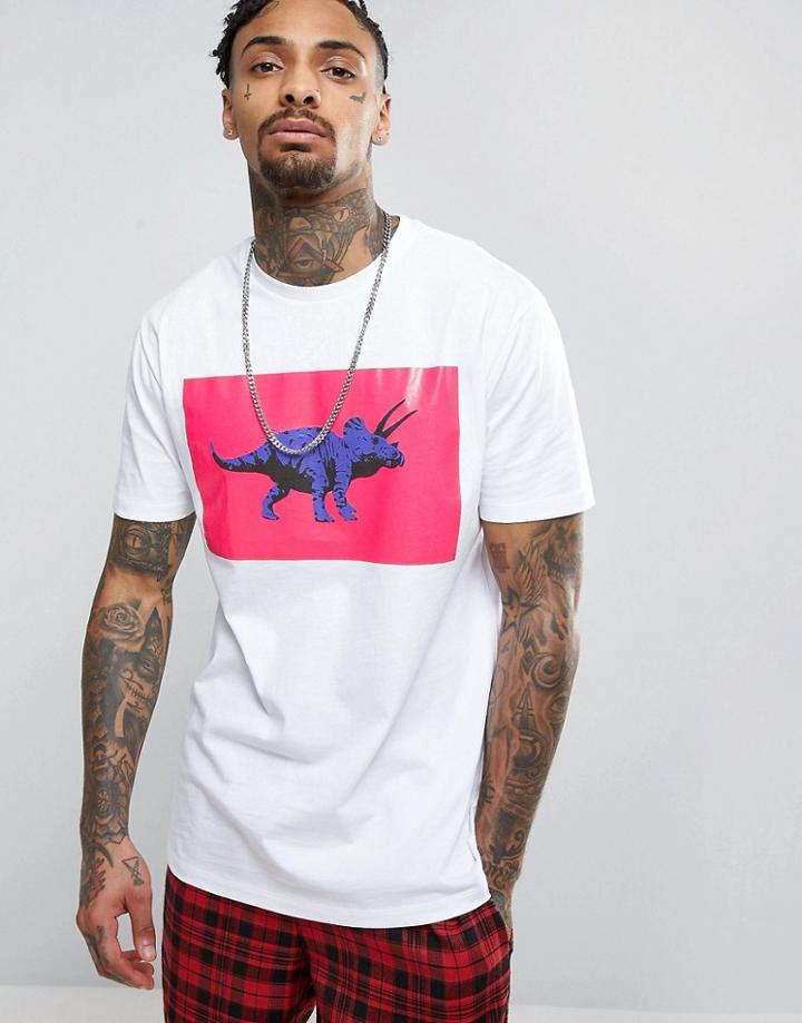 Asos Longline T-shirt With High Shine Dino Print - White