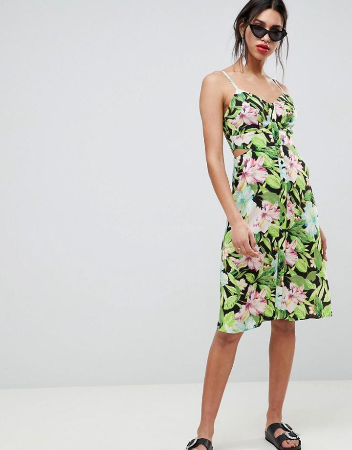 Asos Design Button Through Cut Out Midi Sundress In Tropical Print - Multi