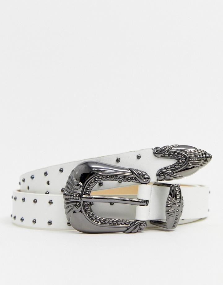 Pieces Sage White Studded Western Belt - White