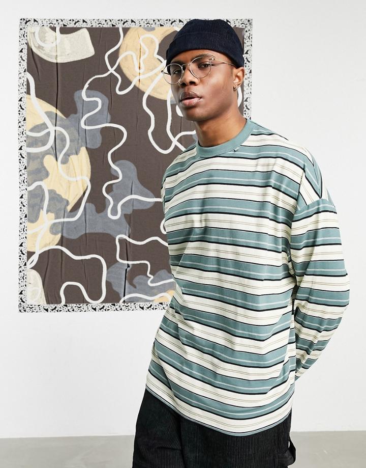 Asos Daysocial Oversized Long Sleeve T-shirt In Teal Stripe With Back Logo Print-green