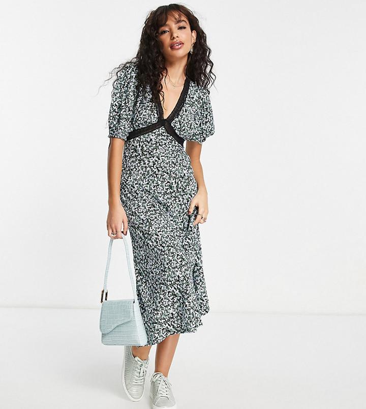 New Look Petite V Neck Lace Detail Midi Dress In Multi Floral