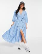 Glamorous Maxi Wrap Dress With Balloon Sleeves In Blue Ditsy