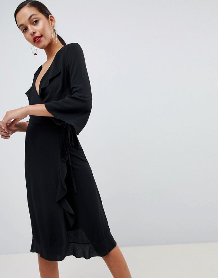 Outrageous Fortune Ruffle Wrap Midi Dress With Fluted Sleeve In Black - Black
