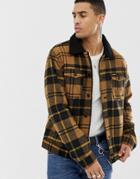 Wrangler Fleece Lined Check Wool Trucker Jacket In Golden Brown - Gold