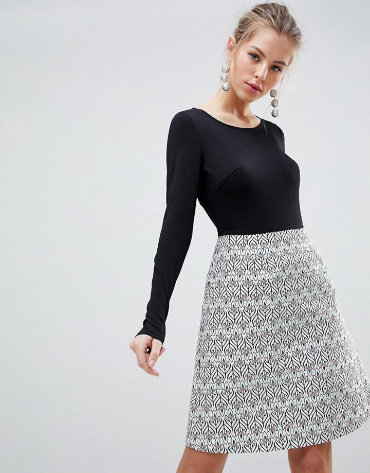 Traffic People Long Sleeve 2-in-1 Skater Dress With Printed Skirt - Black