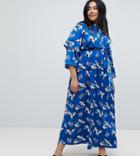 Yumi Plus Frill Sleeve Maxi Dress In Heron Print - Blue