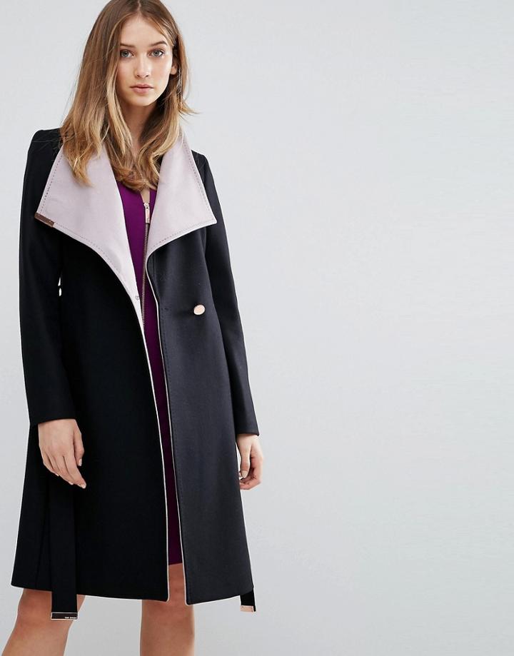 Ted Baker Contrast Long Wrap Coat - Black