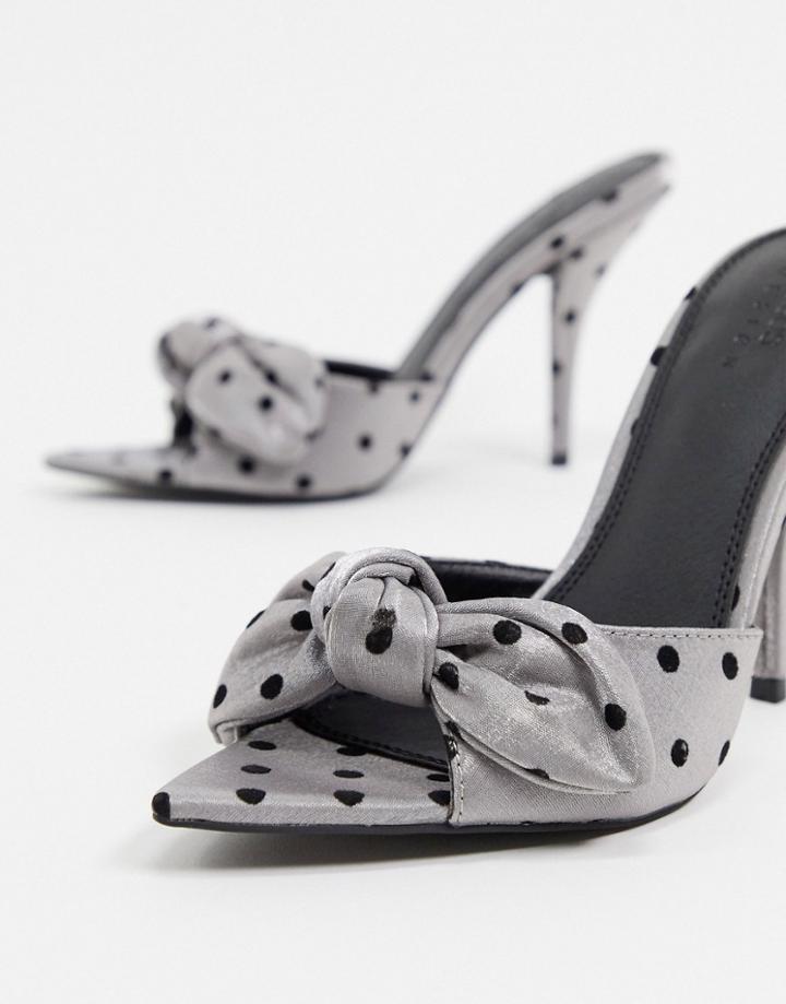 Asos Design Nester Bow Mules Sandals On Pointed Insole In Silver Polka Dot