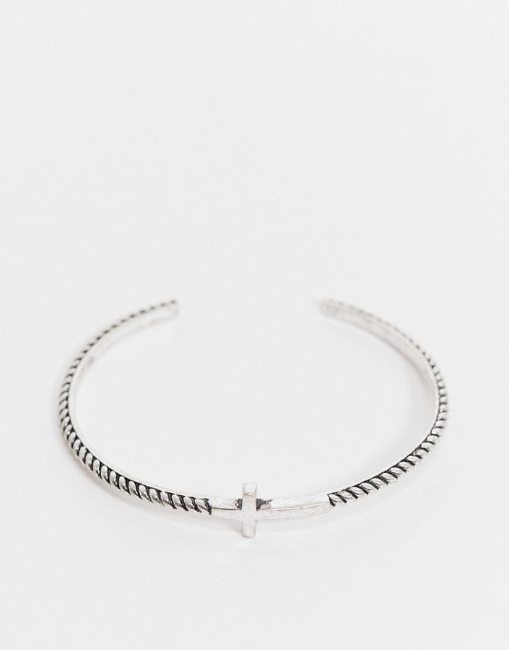 Asos Design Bangle With Texture And Cross In Burnished Silver Tone