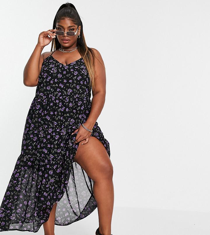 Violet Romance Plus Trapeze Midi Dress With Asymmetric Hem In Mixed Floral Print-multi