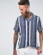 Asos Regular Fit Viscose Stripe Shirt With Revere Collar - Navy