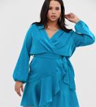 Flounce London Plus Satin Mini Wrap Dress In Aqua Blue - Blue