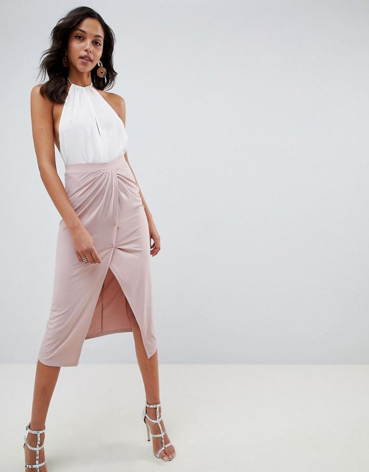 Asos Design Slinky Jersey Midi Skirt With Wrap Front - Pink