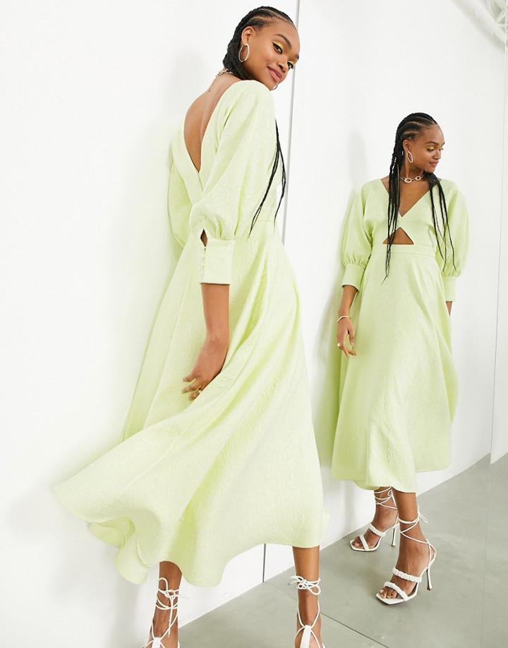 Asos Edition Blouson Sleeve Midi Dress In Texture In Lemon-yellow