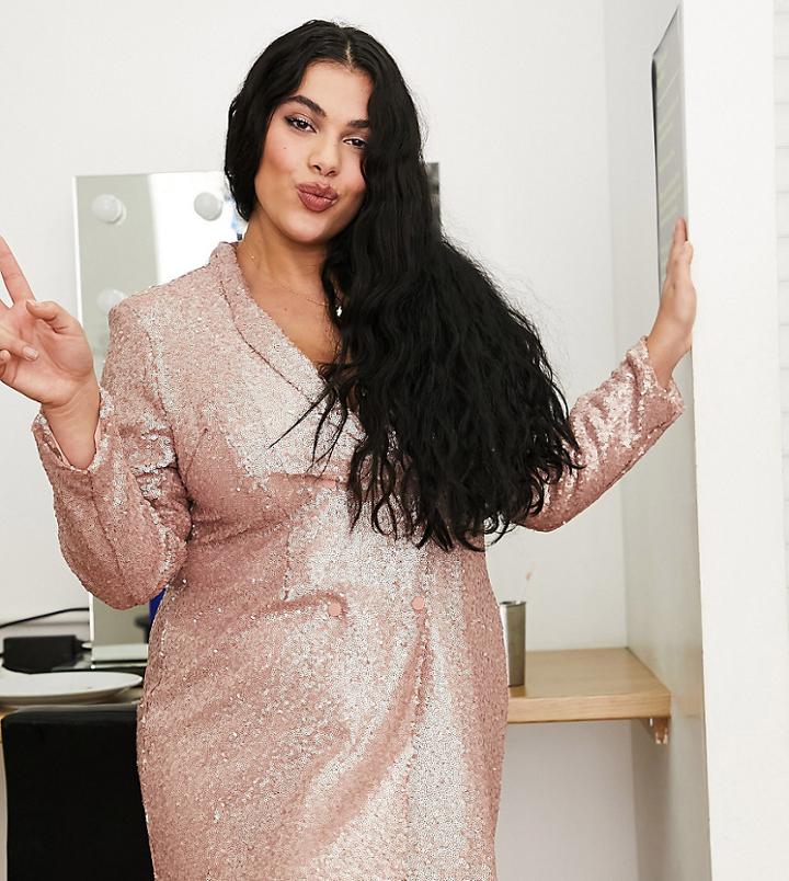 Saint Genies Plus Sequin Double Breasted Blazer Dress In Rose Gold