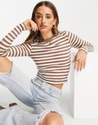 Asos Design Fitted Top With Long Sleeve In Brown And White Stripe