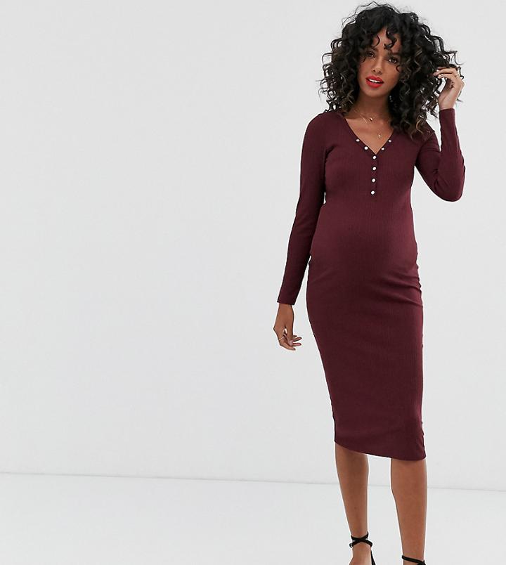 New Look Maternity Long Sleeve Popper Midi Dress In Burgundy