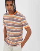 Asos Design Relaxed T-shirt With Retro Stripe In Linen Look Fabric-white